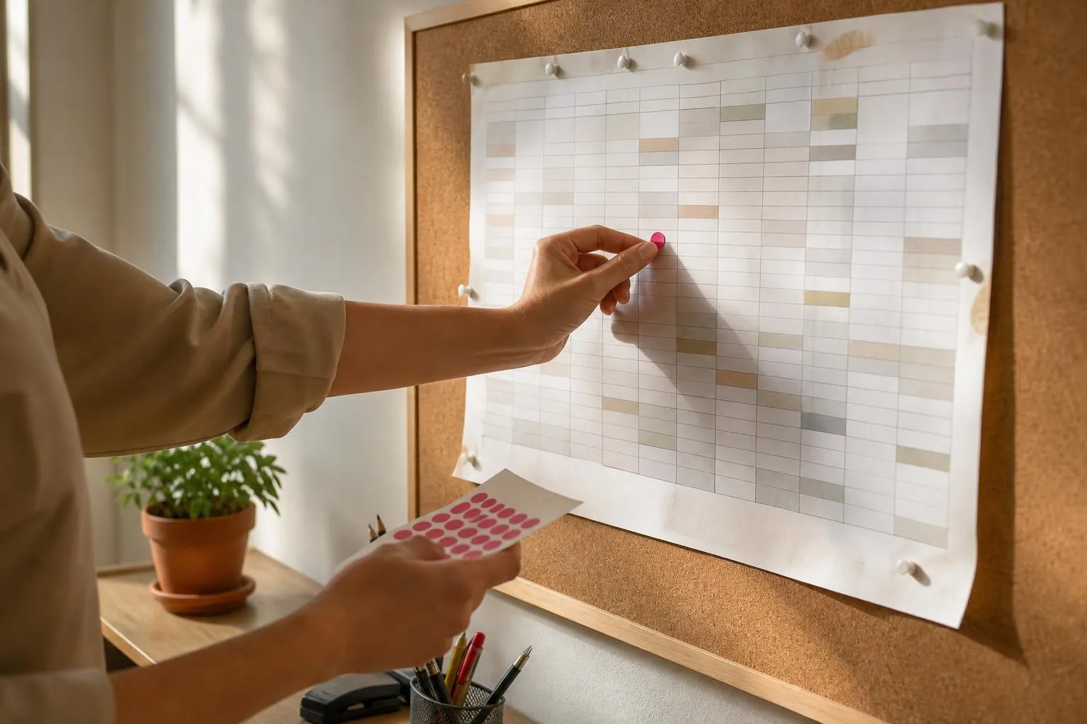 Une main pose une pastille adhésive de couleur sur un planning annuel imprimé punaisé au mur d’un bureau