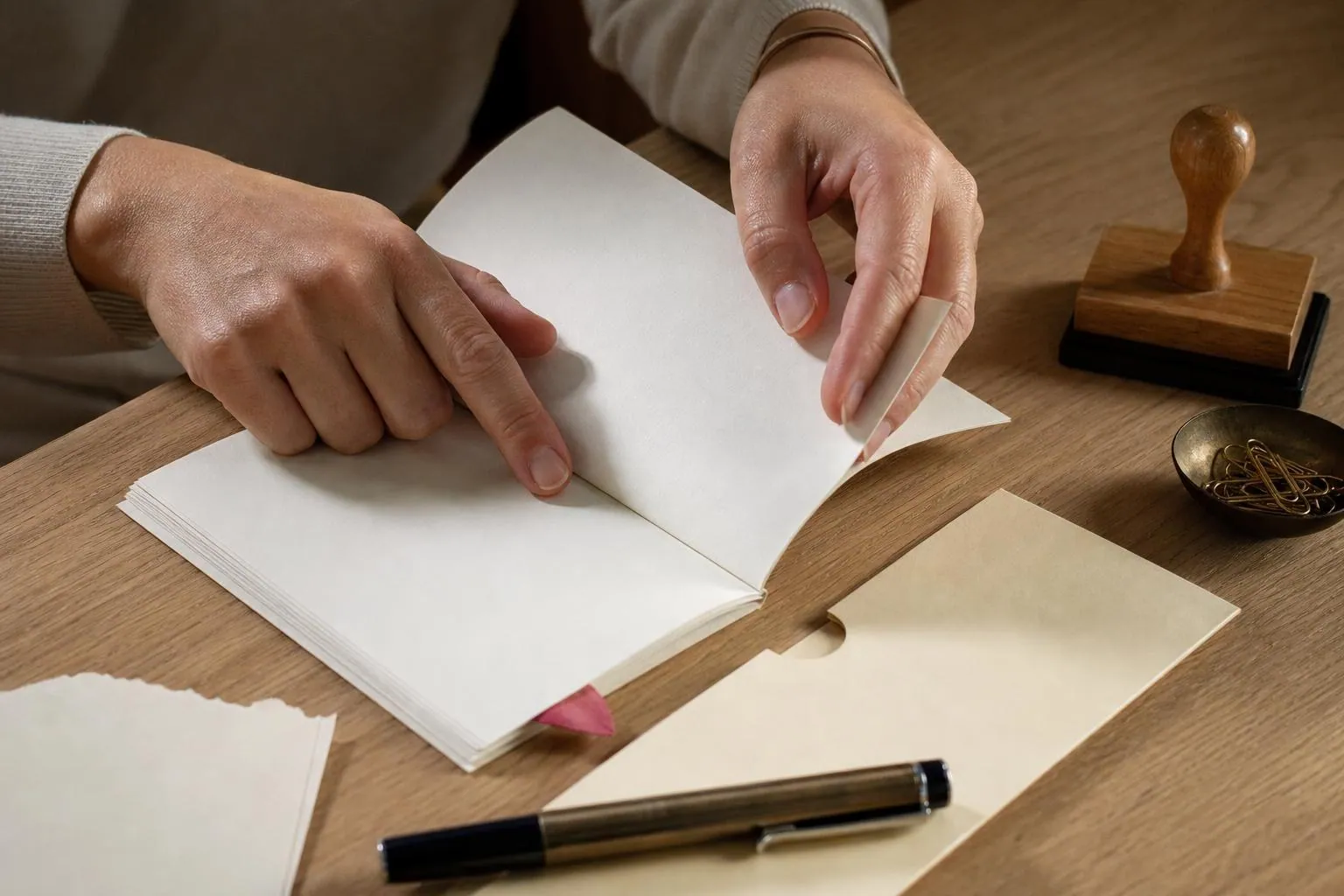 Gros plan sur des mains qui tournent la page d’un livret imprimé posé sur un bureau en chêne clair