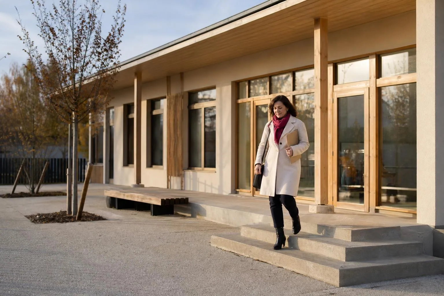 Une responsable petite enfance descend les marches du parvis d’un bâtiment public récent, une pochette sous le bras