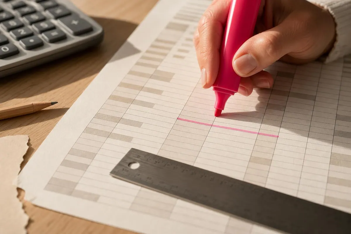 Gros plan d’un tableau de suivi mensuel manuscrit annote au surligneur avec une calculatrice de bureau posee a cote
