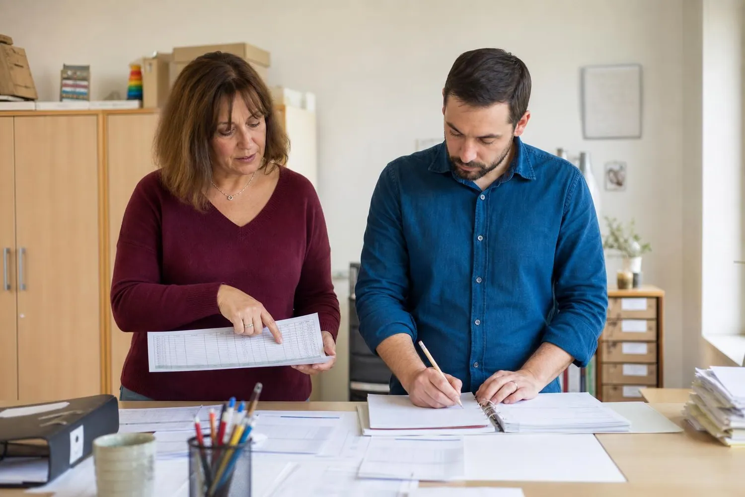 Deux responsables de creches examinent des feuilles de suivi mensuel posees sur une table de bureau administratif